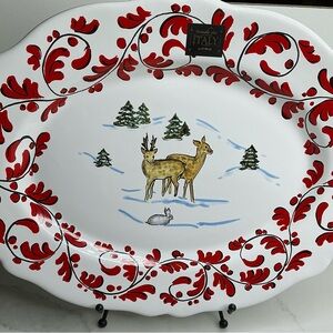 Nova Deruta Christmas Oval Serving Platter Trees Reindeer & Red Trim Italy New